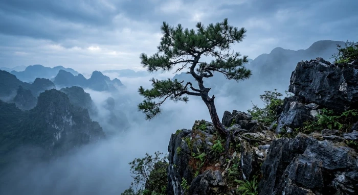 Hình ảnh cây đại thụ kiên cường trên vách đá giúp bạn hiểu tùng bách mộc là gì trong phong thủy ngũ hành