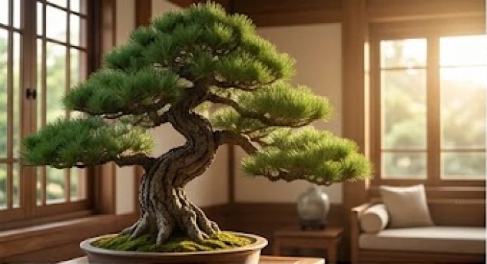 Cây tùng bonsai cổ thụ xanh tốt dáng vững chãi đặt trong phòng khách nhà gỗ truyền thống của người mệnh Tùng Bách Mộc