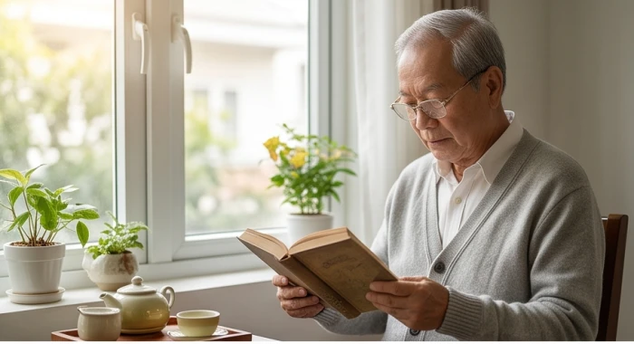 Cụ ông mặc chiếc áo ấm màu xám nhạt đang ngồi đọc sách bên cửa sổ đón ánh nắng dịu nhẹ của một buổi sáng