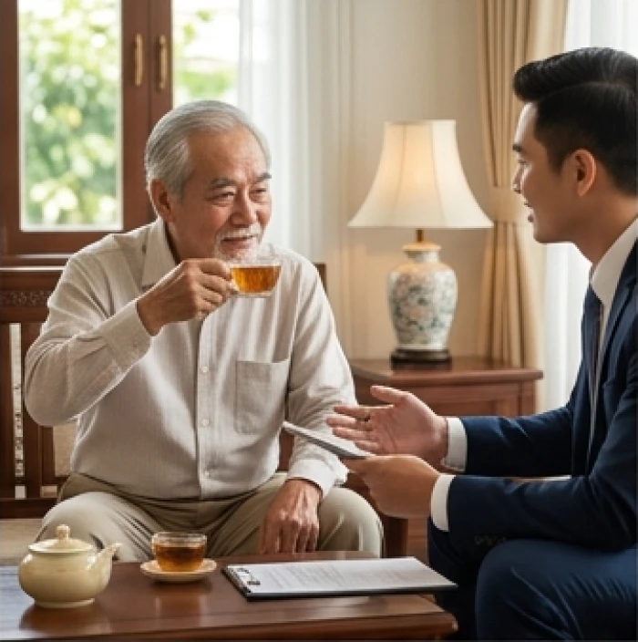 Bậc cao niên tuổi Đinh Hợi ngồi uống trà và trao đổi công việc cùng đối tác trẻ tuổi tại phòng khách