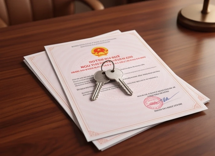 Chìa khóa nhà mới và bản hợp đồng sở hữu bất động sản đặt ngay ngắn trên bàn làm việc cá nhân