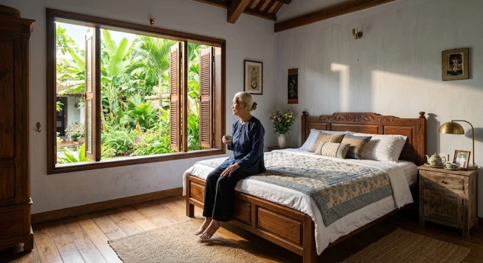 Không gian phòng ngủ thông thoáng với tông màu xám nhạt và nội thất gỗ tự nhiên dành cho tuổi Ất Dậu 1945