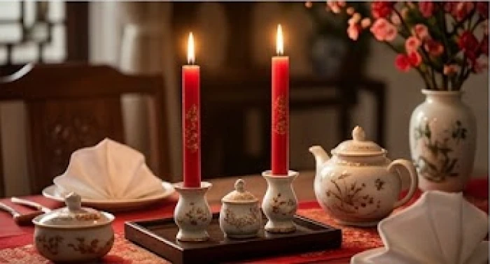 Cặp nến hỷ đỏ rực rỡ và đồ trang trí bằng gốm sứ tinh xảo đặt trên bàn tiệc cưới truyền thống