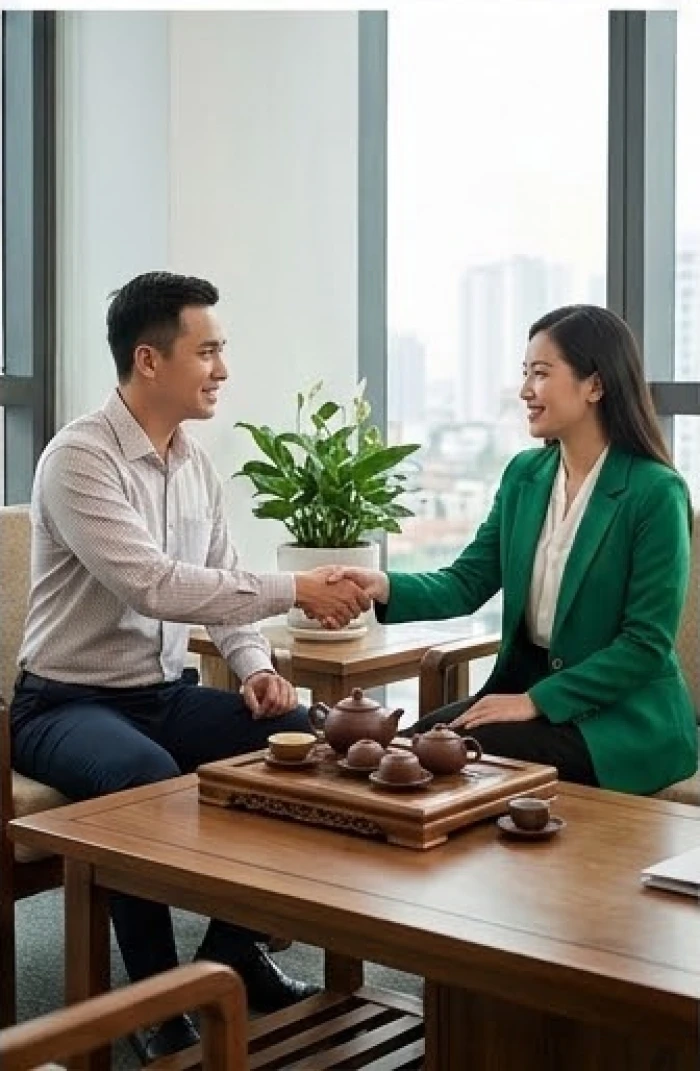 Hai người đối tác mỉm cười bắt tay nhau tại văn phòng thể hiện sự đồng thuận và tin tưởng trong kinh doanh