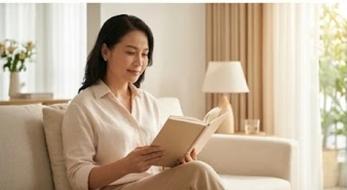 Cô gái tuổi Ất Hợi trưởng thành và điềm đạm đang ngồi đọc sách trong gian phòng tràn ngập ánh sáng