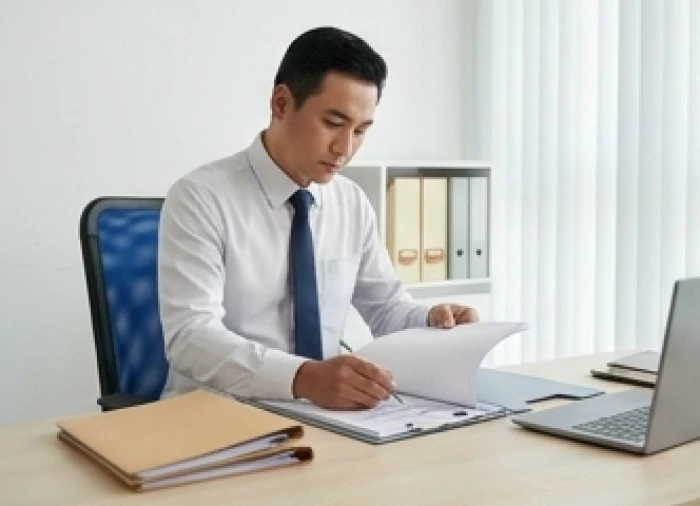 Nhân viên văn phòng sắp xếp hồ sơ và tài liệu công việc cẩn thận trên bàn làm việc