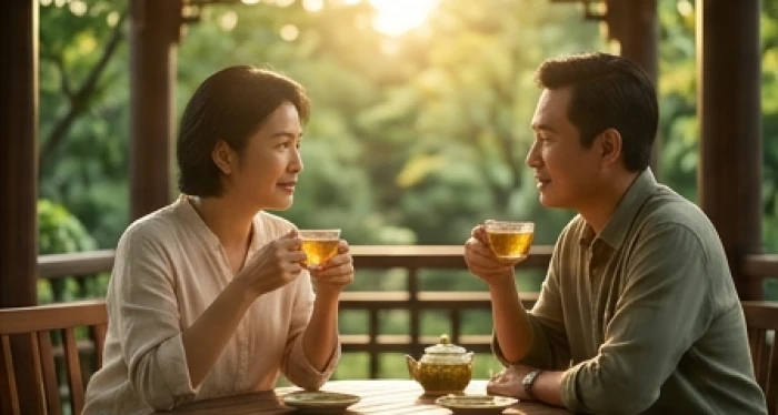 Người tuổi Ất Sửu bước sang tuổi trung niên ngồi thưởng trà trò chuyện bình yên bên bạn tri kỷ