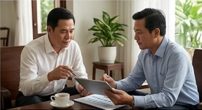 Hai đối tác kinh doanh đang trao đổi công việc trong bầu không khí tôn trọng và thấu hiểu