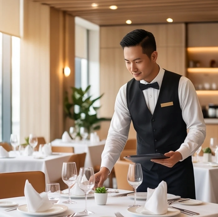 Quản lý nhà hàng tuổi Bính Dần mệnh Hỏa kiểm tra chất lượng dịch vụ ẩm thực trong không gian sang trọng
