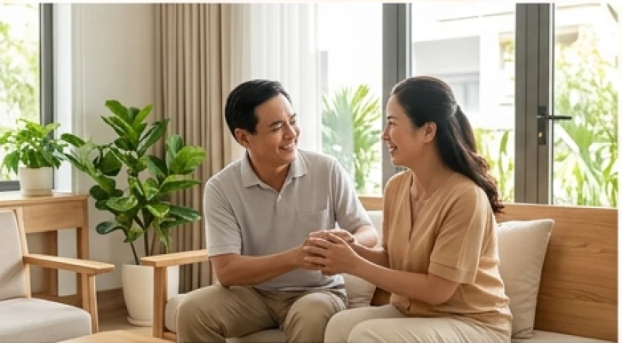 Gia đình trẻ quây quần trong phòng khách tràn ngập ánh sáng mang lại năng lượng hòa hợp cho tuổi Bính Dần
