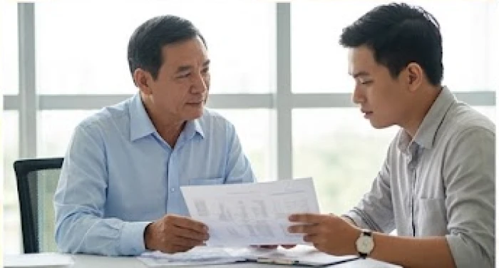 Hai người đồng nghiệp chênh lệch tuổi tác đang trao đổi công việc cởi mở dựa trên những số liệu khách quan