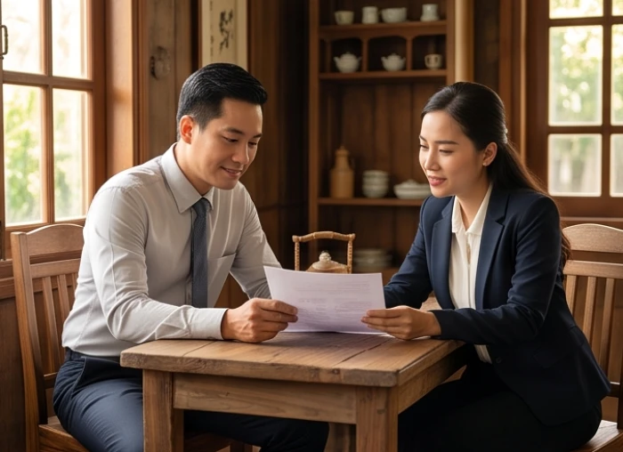 Hai đối tác kinh doanh đang trao đổi hợp đồng để tận dụng vượng khí từ nhóm tuổi tam hợp Thân Tý Thìn