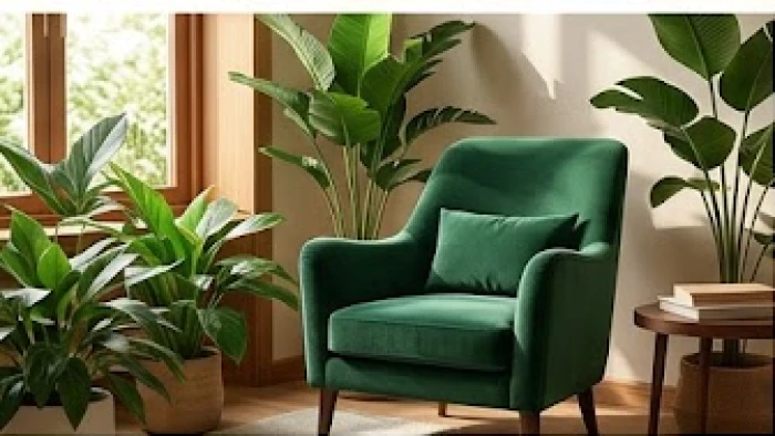 Góc thư giãn với nhiều cây xanh và nội thất màu xanh lục bảo dành cho gia chủ Bính Thân mệnh Hỏa