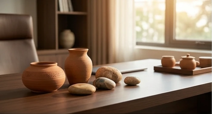 Góc làm việc ấm cúng với vật phẩm gốm sứ và đá tự nhiên đại diện cho bản mệnh Sa Trung Thổ của tuổi Bính Thìn 1976