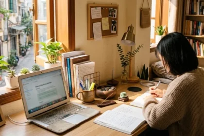 Góc học tập bài trí hợp phong thủy cho sinh viên tuổi bính tuất 2006 tại phòng trọ với ánh sáng tự nhiên