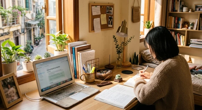 Góc học tập bài trí hợp phong thủy cho sinh viên tuổi bính tuất 2006 tại phòng trọ với ánh sáng tự nhiên