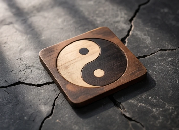 Biểu tượng âm dương mất cân bằng đặt trên mặt đá nứt nẻ đại diện cho xung khắc