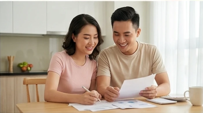 Cặp đôi Bính Tý 1996 cười rạng rỡ bên nhau khi sắp xếp chi tiêu và tiết kiệm trong căn hộ ấm cúng