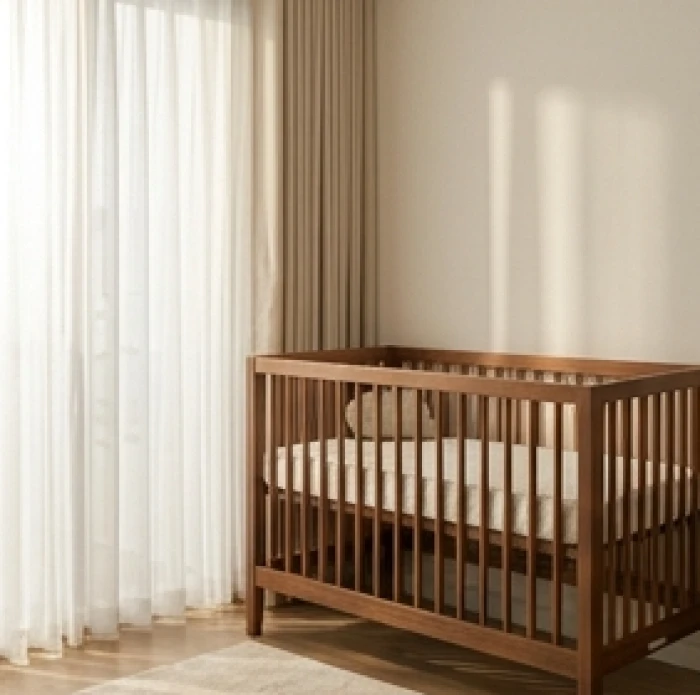 Chiếc nôi gỗ nhỏ xinh đặt cạnh cửa sổ đầy ánh nắng ấm áp trong phòng ngủ bé yêu