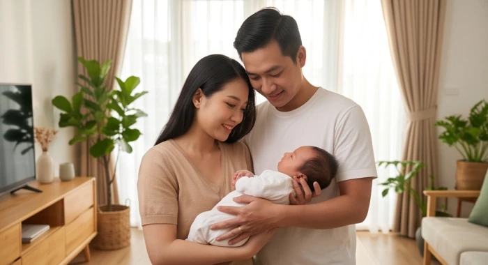 Khoảnh khắc gia đình trẻ ấm áp cùng bé sơ sinh tuổi giáp thìn 2024 trong phòng khách tràn ngập ánh sáng tự nhiên