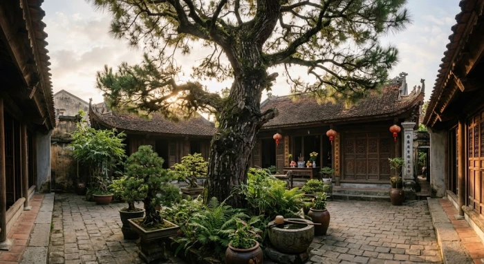 Cây tùng bách cổ thụ xanh tốt trong khuôn viên nhà truyền thống chuẩn phong thủy tuổi canh dần 1950