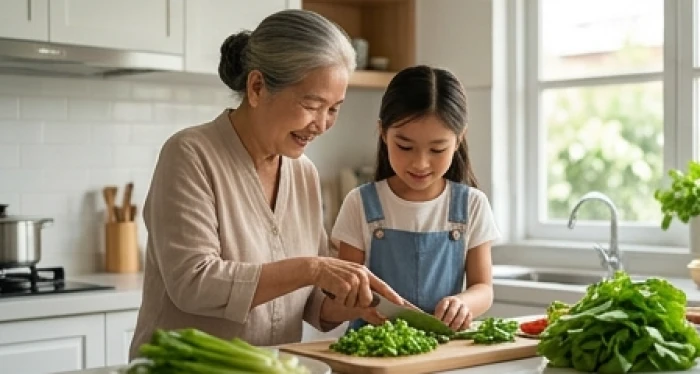 Người bà tuổi Canh Dần vui vẻ hướng dẫn cháu gái nhặt rau nhàn nhã trong gian bếp ấm cúng