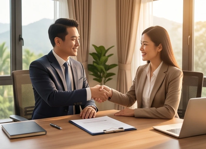 Hai doanh nhân nam và nữ mặc vest lịch sự đang bắt tay ký kết hợp đồng hợp tác kinh doanh tại văn phòng