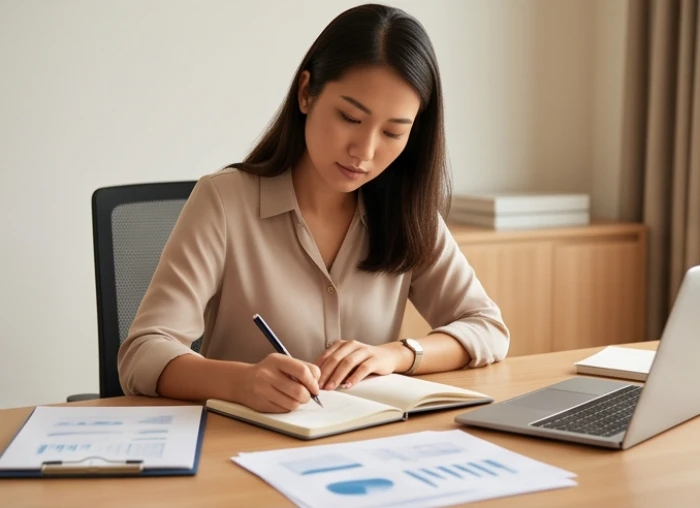Nữ nhân viên văn phòng điềm tĩnh xử lý công việc sổ sách thể hiện tính cách kiên nhẫn của tuổi Tân Mùi