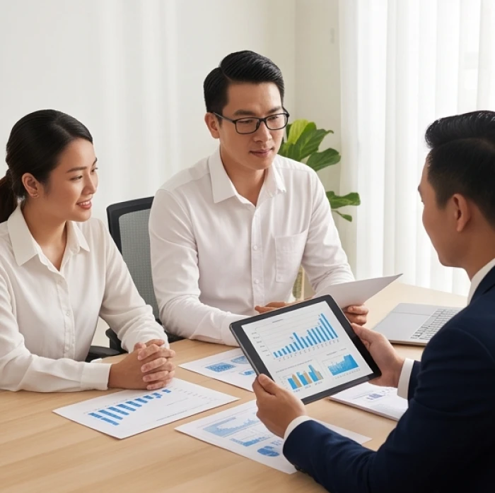 Nhóm đối tác làm ăn thảo luận kế hoạch phát triển kinh doanh bên bàn làm việc trong văn phòng chuyên nghiệp
