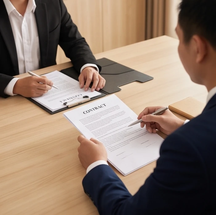 Hai doanh nhân trao đổi tài liệu trên bàn làm việc thể hiện sự cẩn trọng khi thương thảo hợp đồng kinh doanh