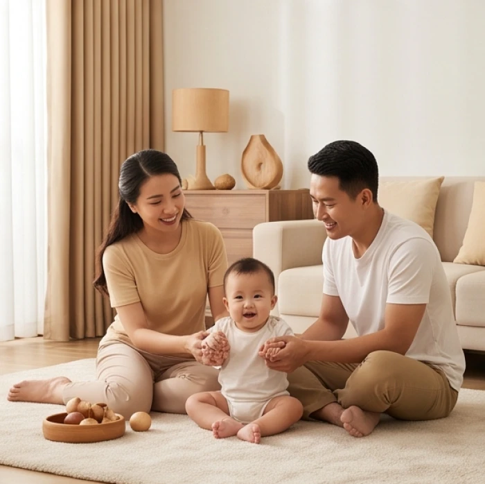Gia đình trẻ hạnh phúc vui đùa cùng con nhỏ trong phòng khách ấm cúng tràn ngập ánh sáng tự nhiên