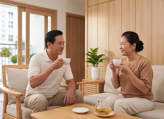 Vợ chồng trung niên Canh Tuất cùng nhau uống trà chiều an yên tại phòng khách tràn ngập ánh nắng