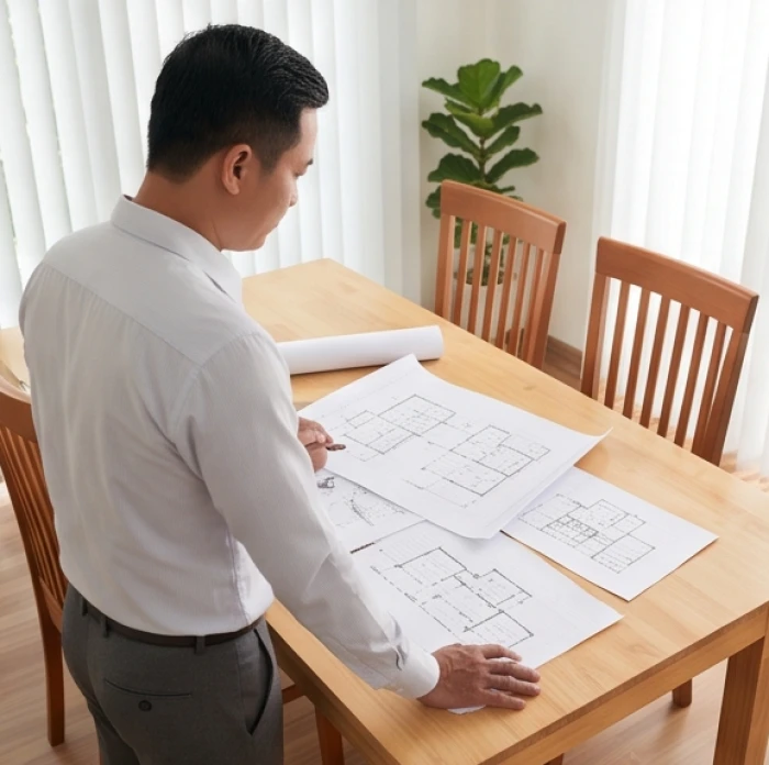 Gia chủ tuổi Canh Tuất phấn khởi xem xét bản vẽ thiết kế ngôi nhà mới trên bàn trà phòng khách đầy đủ ánh sáng