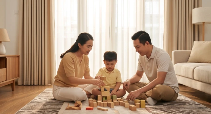 Bố mẹ tuổi Thân và Tý cùng con trai Canh Tý 2020 lắp ráp đồ chơi gỗ thông minh trong phòng khách