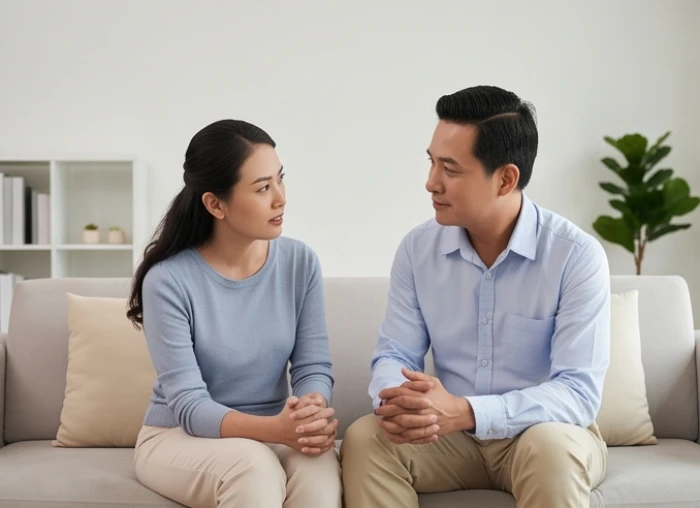 Vợ chồng nhẹ nhàng trò chuyện thống nhất phương pháp nuôi dạy con cái nhằm điều hòa bất đồng phong thủy