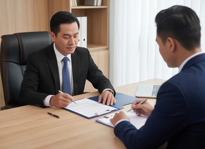 Hai đối tác kinh doanh ngồi đối diện xem xét kỹ lưỡng bản hợp đồng trên bàn làm việc trong không gian thương thảo