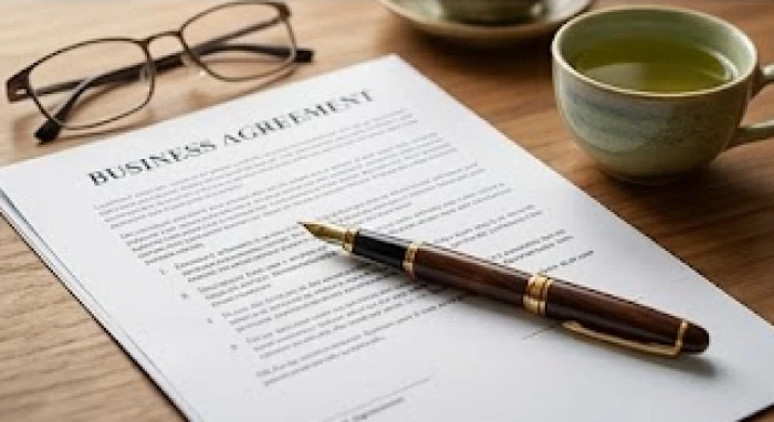 Bản hợp đồng thỏa thuận minh bạch kèm bút ký trên bàn trà thể hiện sự cẩn trọng khi hợp tác làm ăn