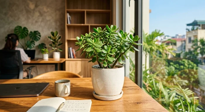 Chậu cây ngọc bích xanh tươi đặt trên bàn làm việc phong cách Á Đông làm nổi bật chủ đề tuổi dần hợp cây gì