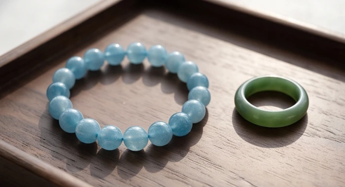 Vòng tay đá Aquamarine màu xanh dương đặt cạnh viên ngọc bích thể hiện sự đối lập ngũ hành thủy và mộc