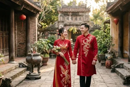 Cặp vợ chồng son trong trang phục áo dài cưới truyền thống thể hiện chủ đề tuổi dần hợp kết hôn với tuổi nào