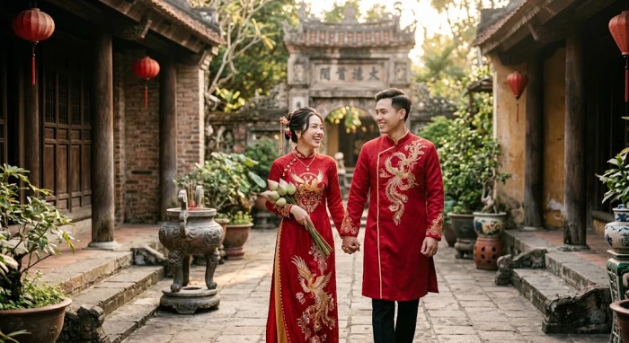 Cặp vợ chồng son trong trang phục áo dài cưới truyền thống thể hiện chủ đề tuổi dần hợp kết hôn với tuổi nào