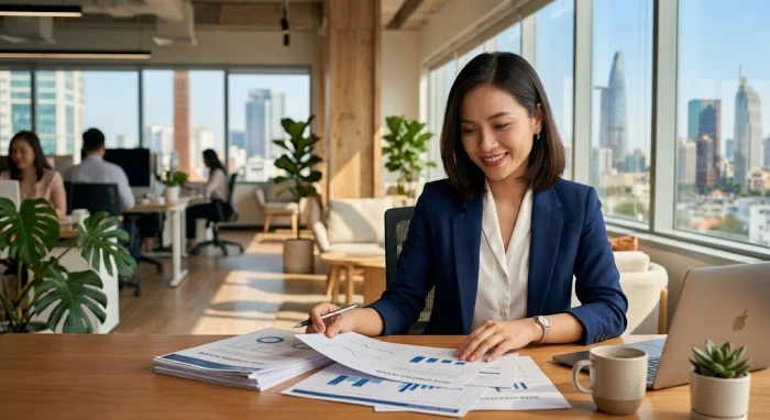 Nam doanh nhân trẻ tự tin tại văn phòng minh họa trực quan cho chủ đề tuổi dần hợp nghề gì hiện nay