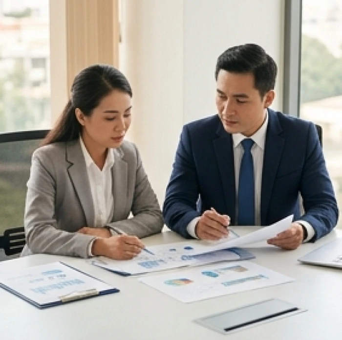 Hai doanh nhân đang thảo luận chiến lược hợp tác kinh doanh trong phòng họp hiện đại với sự minh bạch tài chính