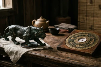 Tượng gỗ con hổ và la bàn phong thủy giúp hóa giải tuổi dần khắc tuổi nào trong hôn nhân và kinh doanh