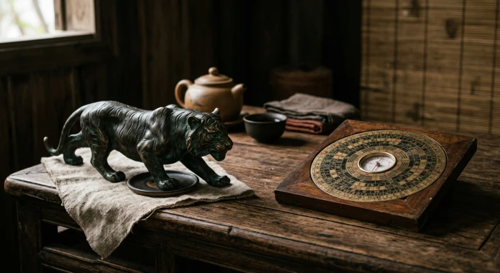 Tượng gỗ con hổ và la bàn phong thủy giúp hóa giải tuổi dần khắc tuổi nào trong hôn nhân và kinh doanh