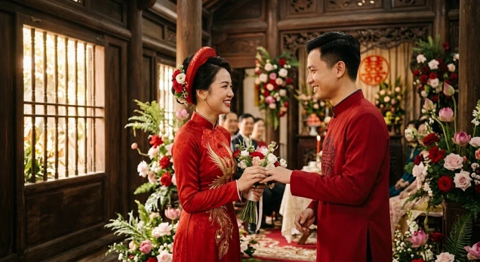 Bức ảnh cưới mang đậm nét văn hóa truyền thống giúp bạn giải đáp tuổi dậu hợp kết hôn với tuổi nào theo phong thủy