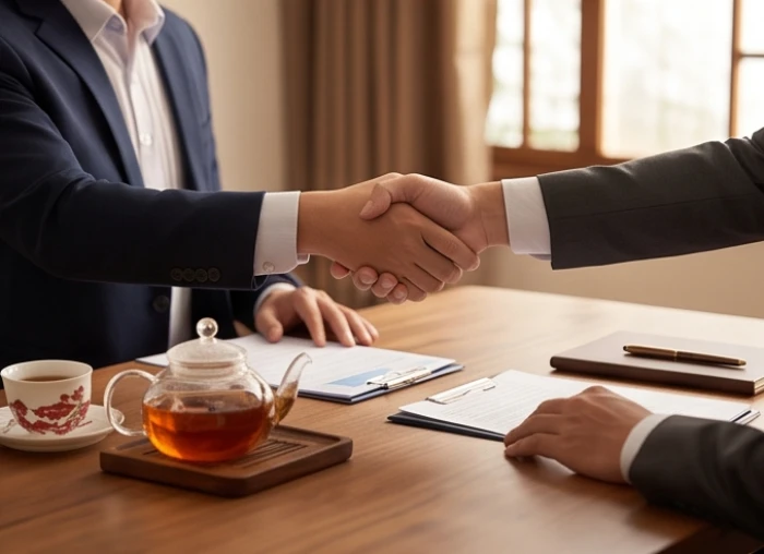 Hai người đối tác đang bắt tay thống nhất công việc trên bàn gỗ có ấm trà nóng và giấy tờ.