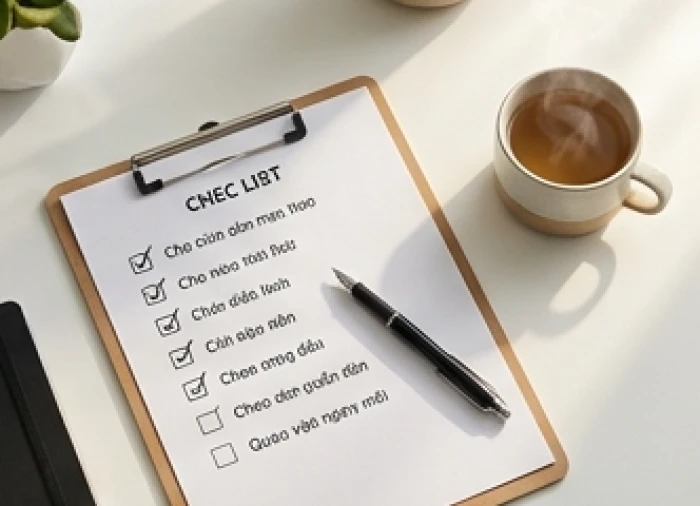 Bảng kẹp hồ sơ với các danh sách công việc được đánh dấu hoàn thành tỉ mỉ