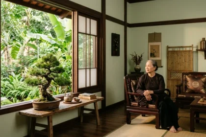 Không gian phòng khách phong thủy an tĩnh với tông màu mộc mạc dành cho gia chủ tuổi đinh dậu 1957