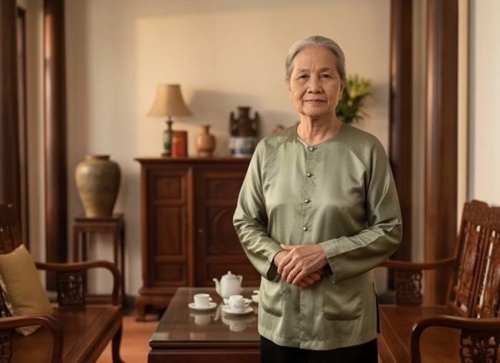 Gia chủ tuổi Đinh Dậu 1957 mặc áo màu xanh lá trong không gian phòng khách đón năng lượng Mộc